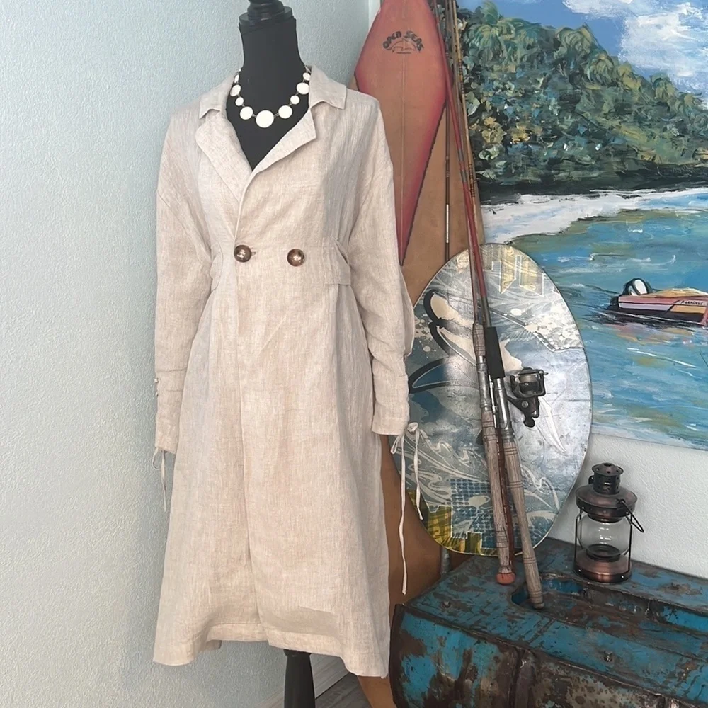 NWT, Fanco 100% Linen Beige Trench Dress Belted Lace-Up Cuff NWT Size S - Picture 2 of 16